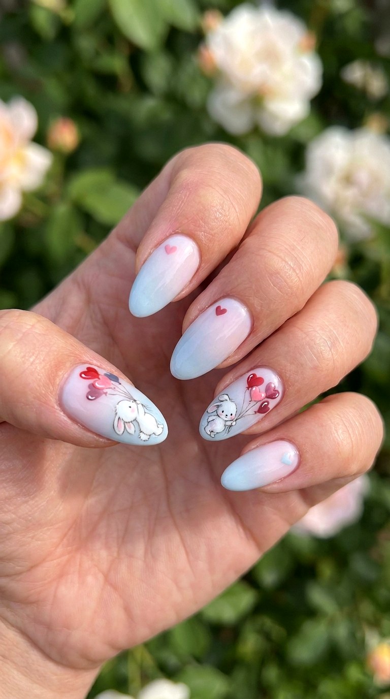 Heart Balloon Bunny Nails - 25 sweet heart bunny nails idea