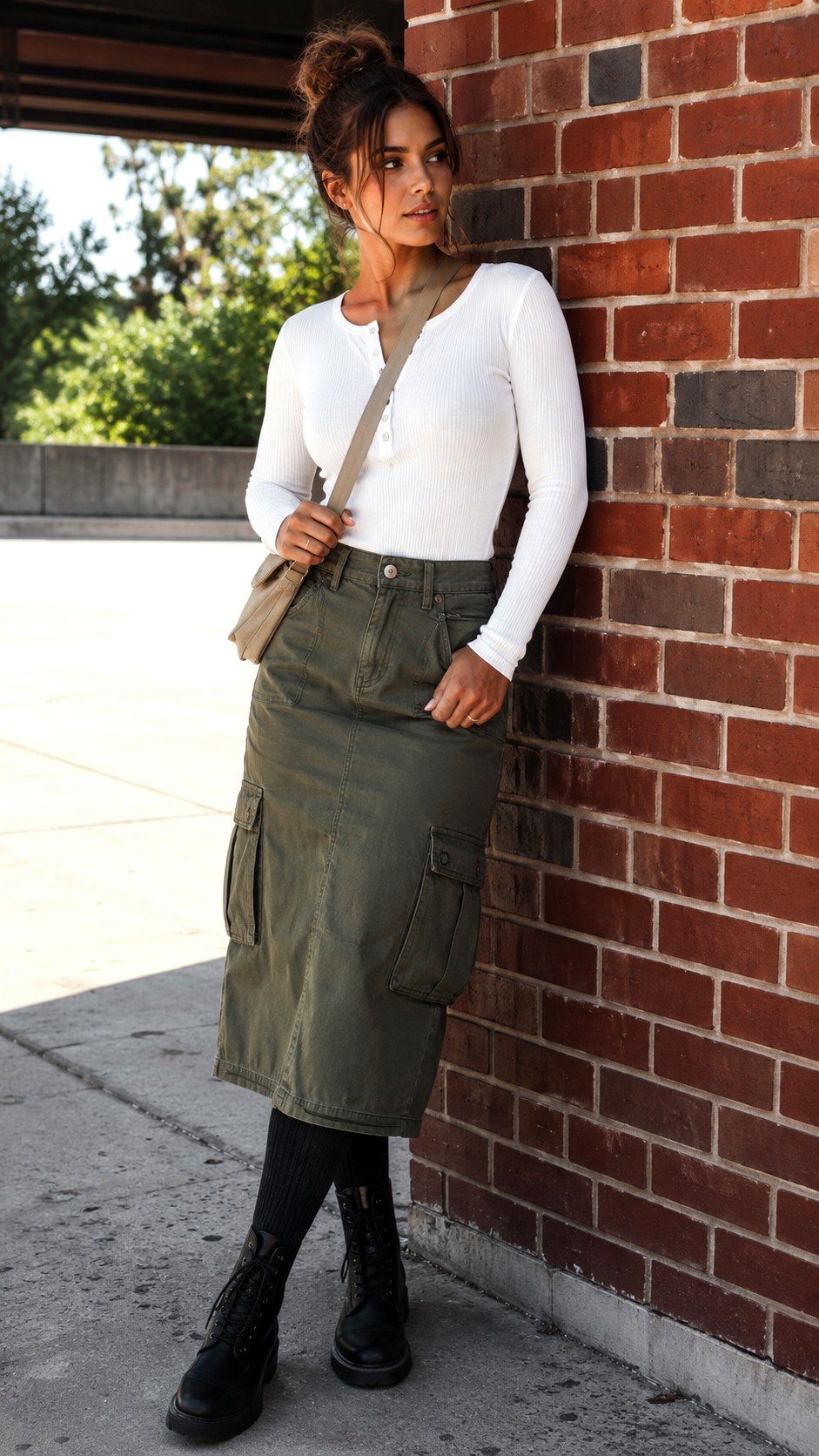 Henley Shirt and Cargo Skirt with Tights - 23 Skirt with Tights Outfit Ideas