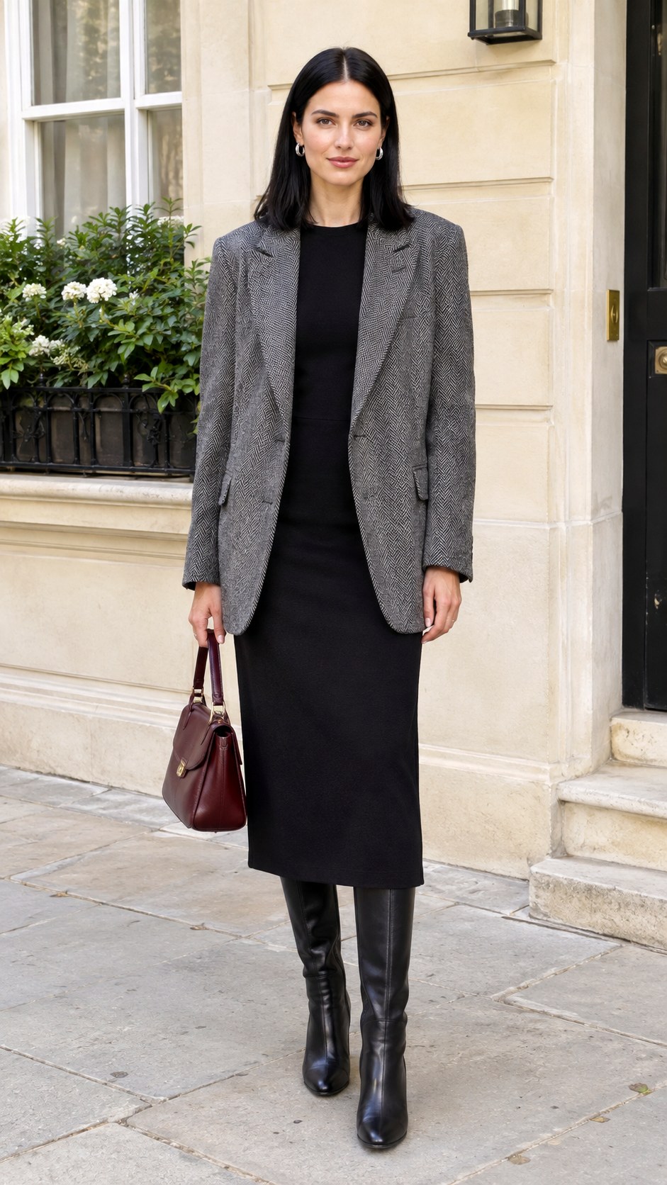 Herringbone Blazer With Black Midi Dress - 20 autumn outfits 2026
