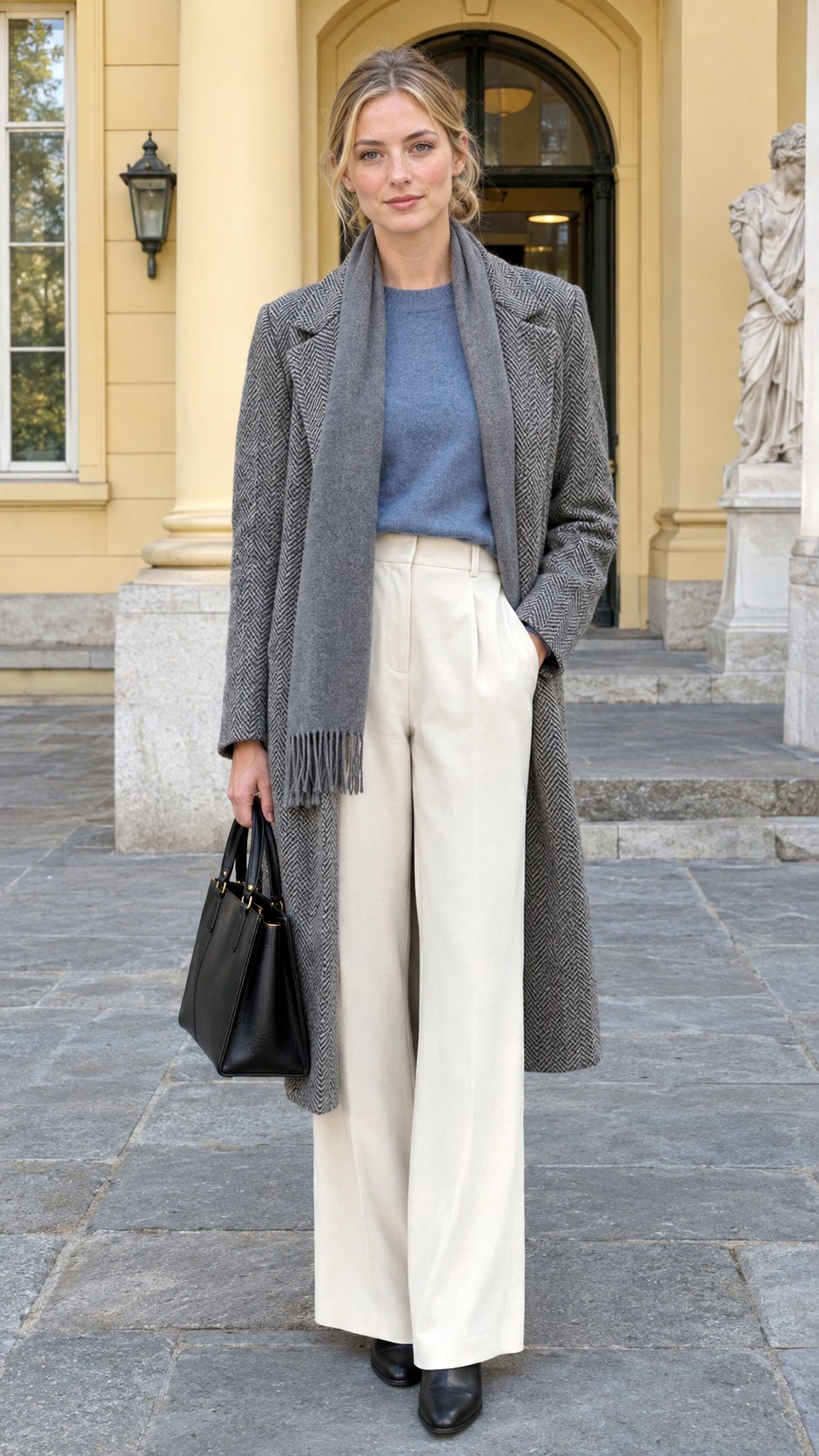 Herringbone Coat With Cream Trousers - 20 autumn outfit ideas