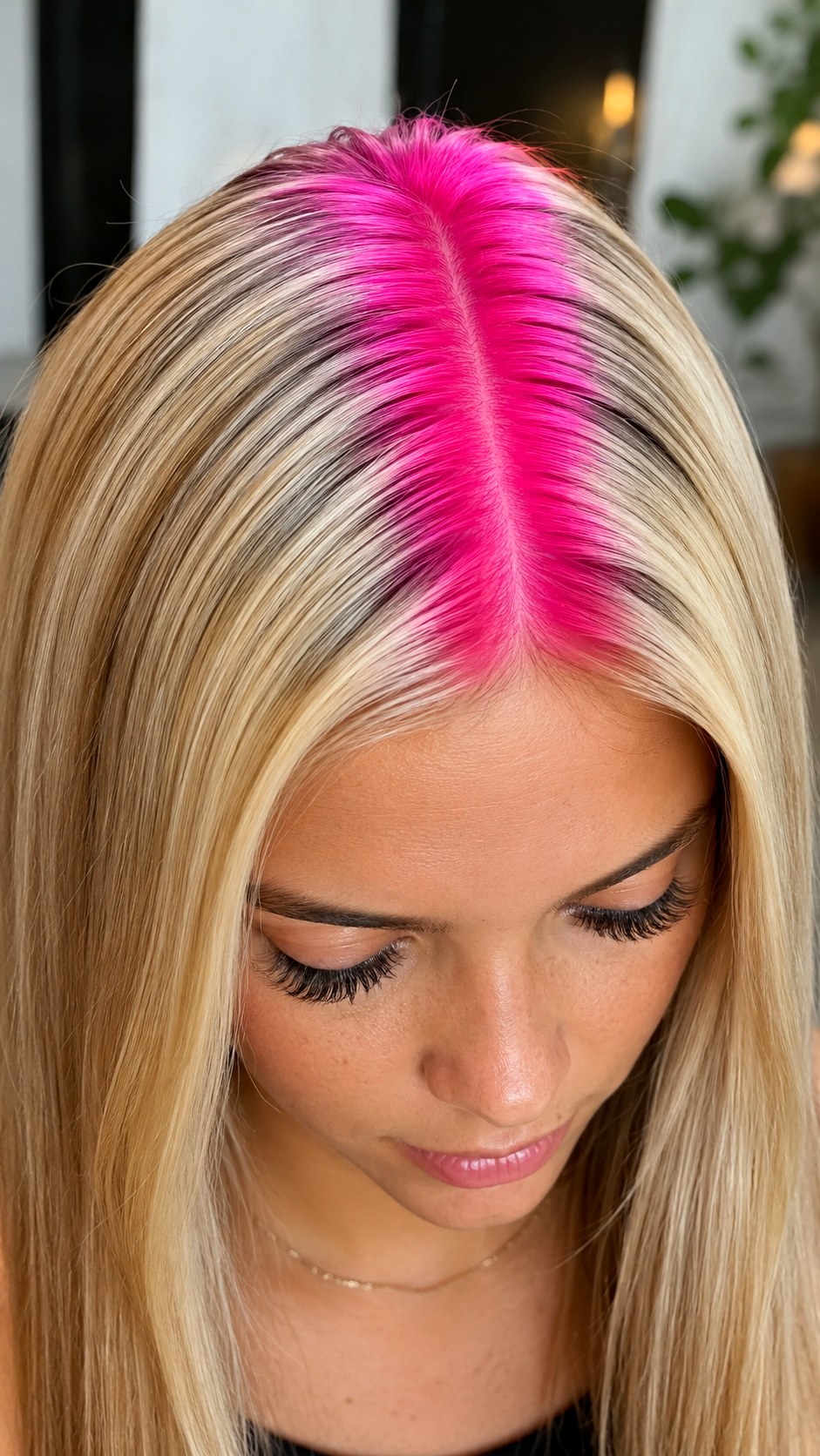 High Contrast Hot Pink Skunk Stripe - 25 hot pink hair color highlights ideas