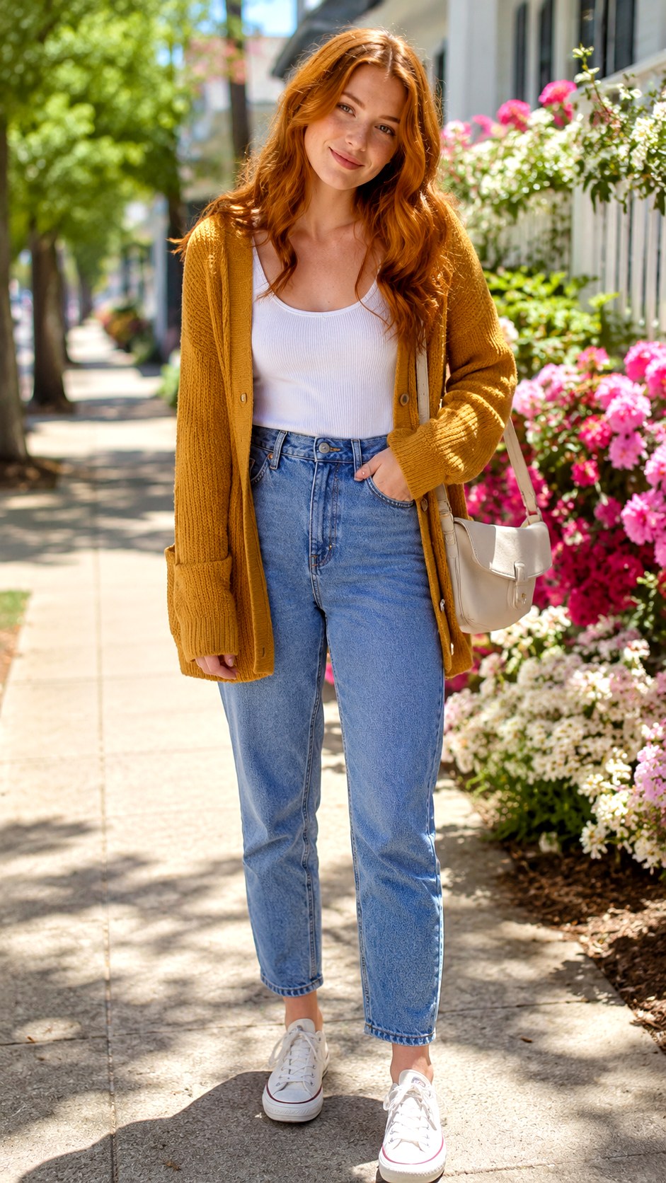 High Rise Mom Jeans and Cardigan - 24 Denim Outfits for Women Ideas