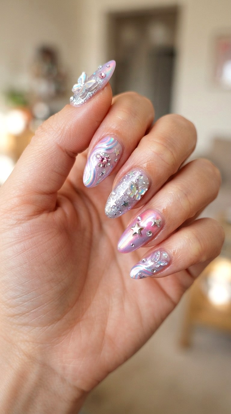 Holographic Butterfly Star Mix - 22 retro Y2K almond nail ideas