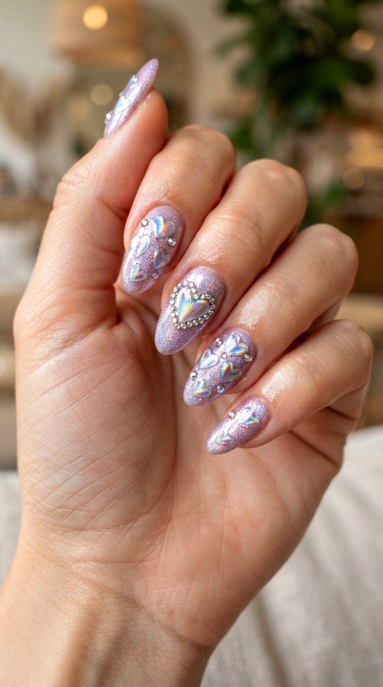 Holographic Heart Almonds - 22 retro Y2K almond nail ideas