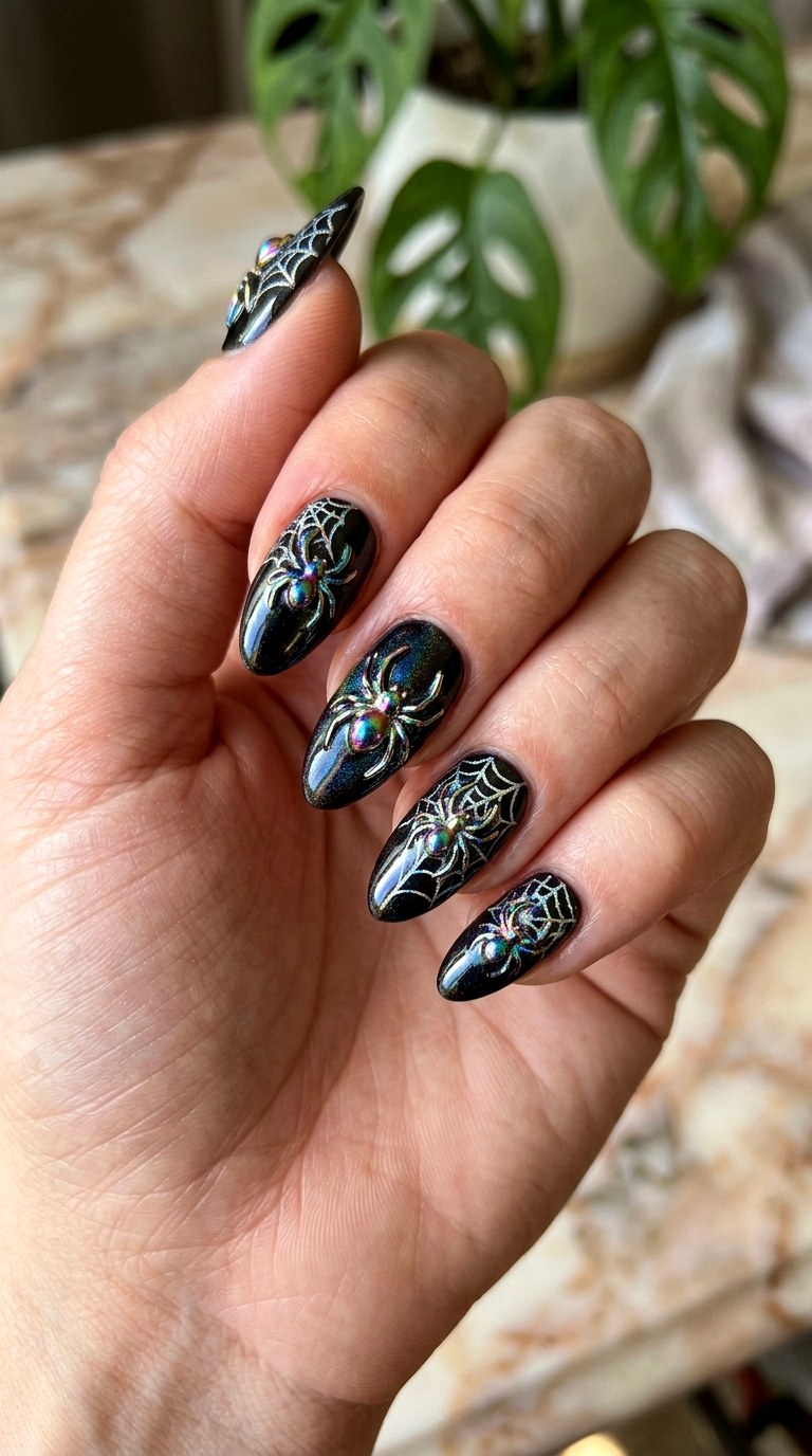 Holographic Spider Nails - 21 cute halloween nail ideas