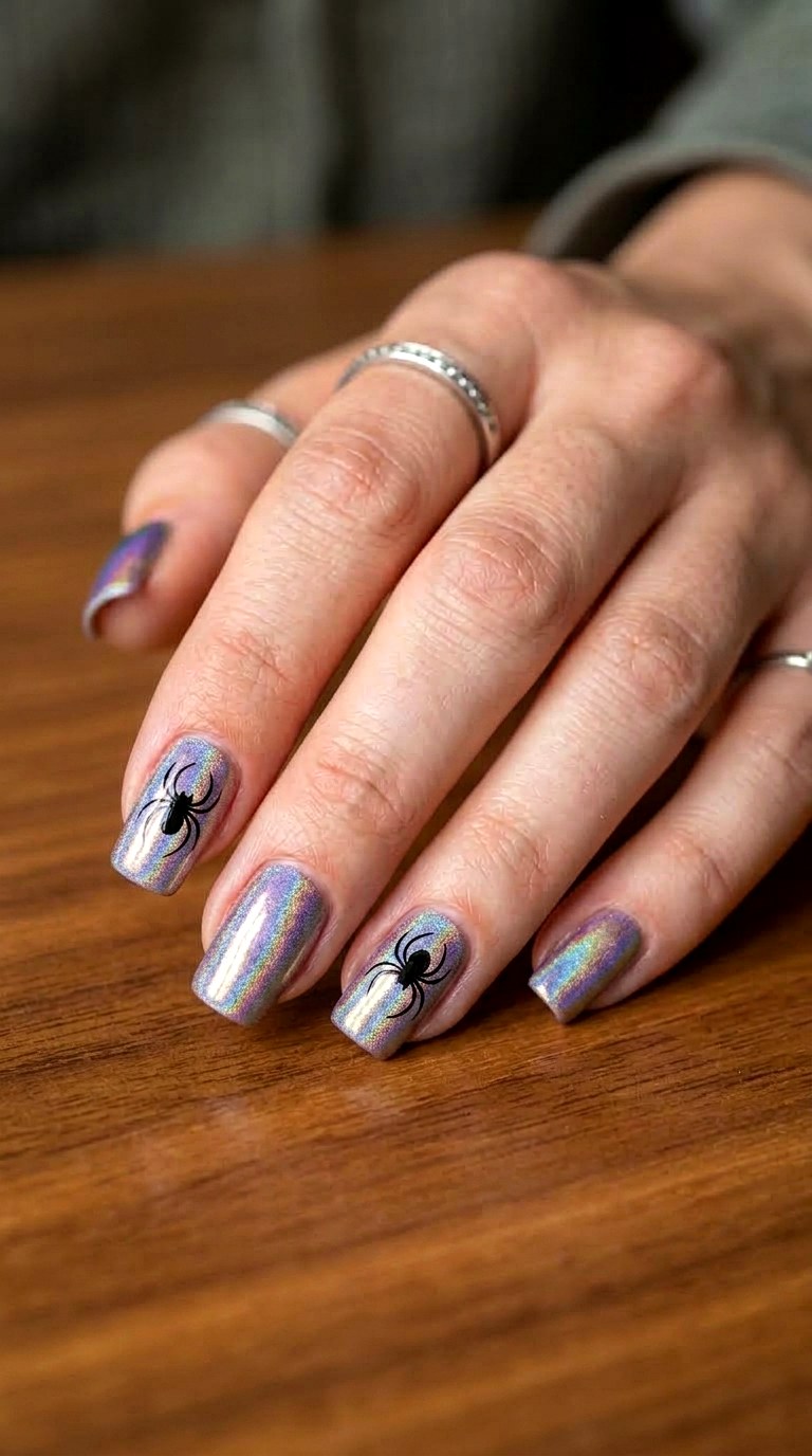 Holographic Spider Nails - 20 easy halloween nail ideas