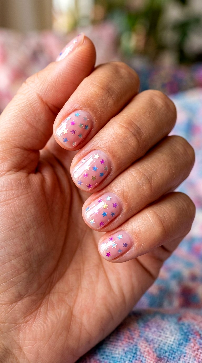 Holographic Star Sprinkle Nails - 24 y2k star short nail ideas