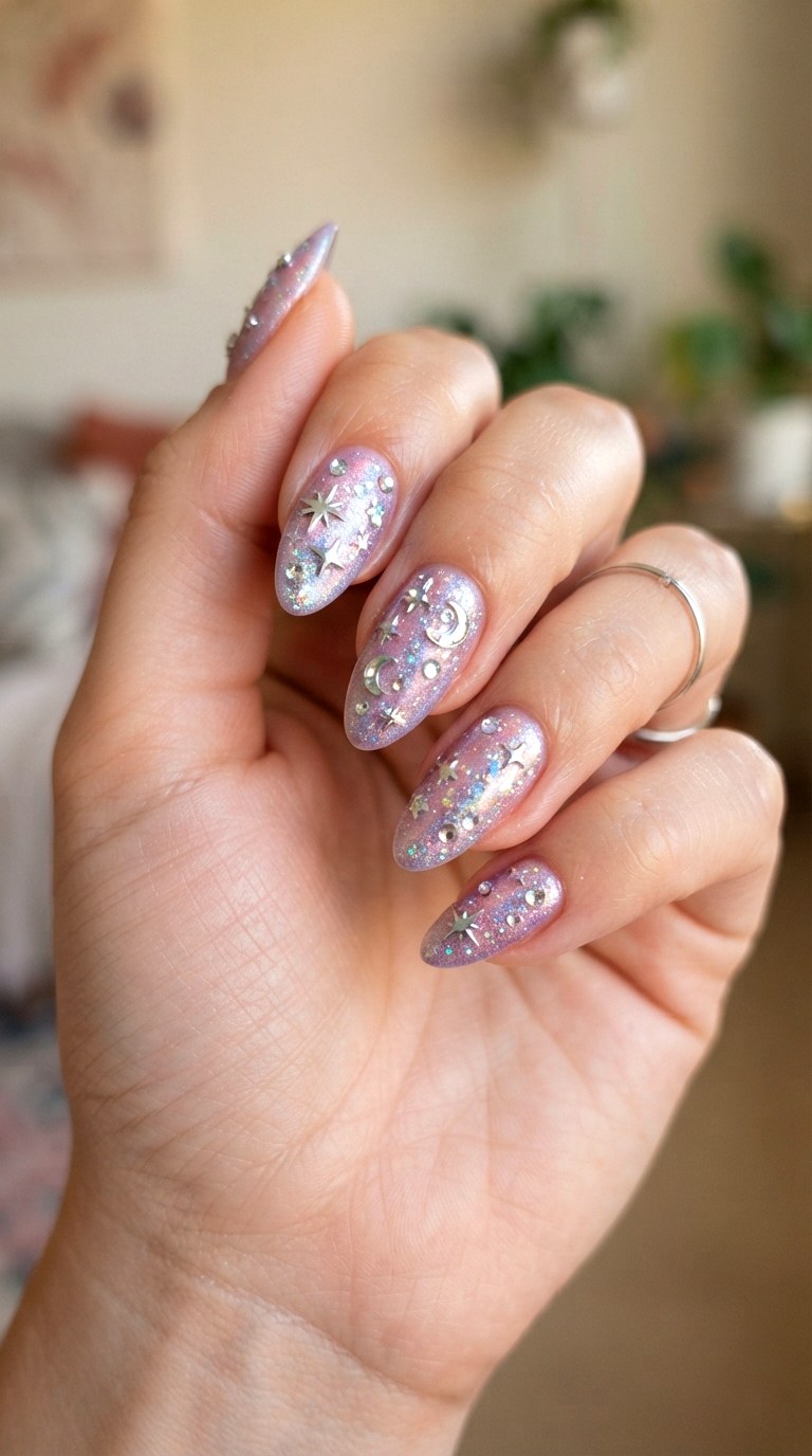 Holographic Starry Almond Nails - 22 retro Y2K almond nail ideas