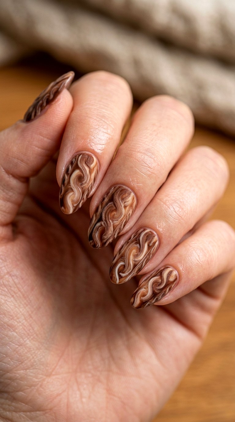 Hot Cocoa Brown Swirl Nails - 24 winter sweater nails nail art design ideas