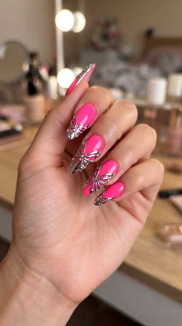 Hot Pink Chrome Butterfly Tips - 22 retro Y2K almond nail ideas