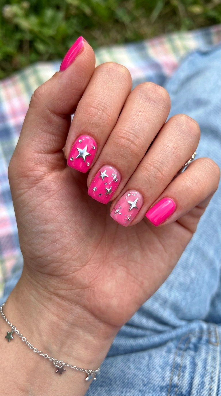 Hot Pink Chrome Star Accents - 24 y2k star short nail ideas
