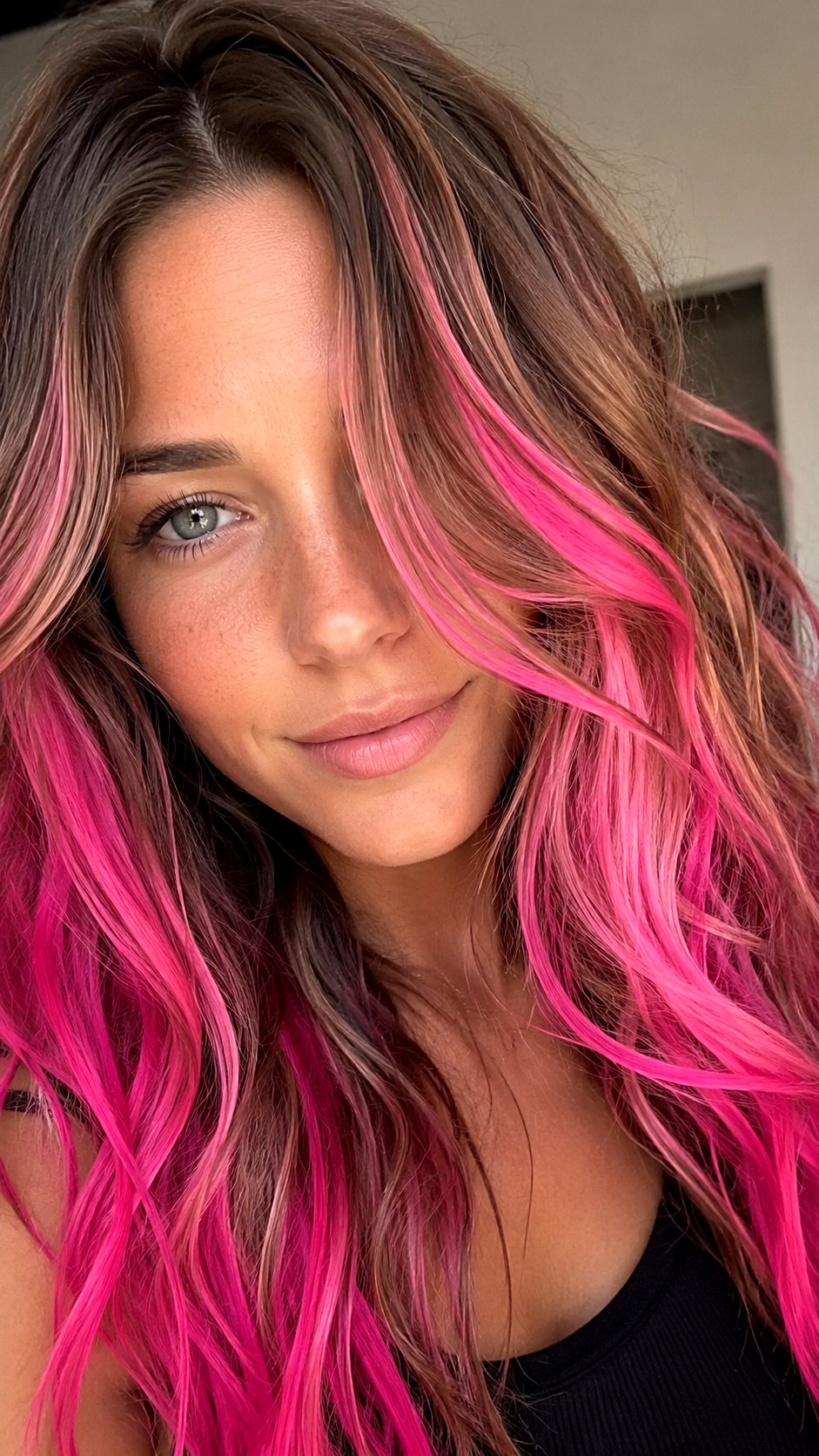 Hot Pink Highlights on Long Layers - 25 hot pink hair color highlights ideas