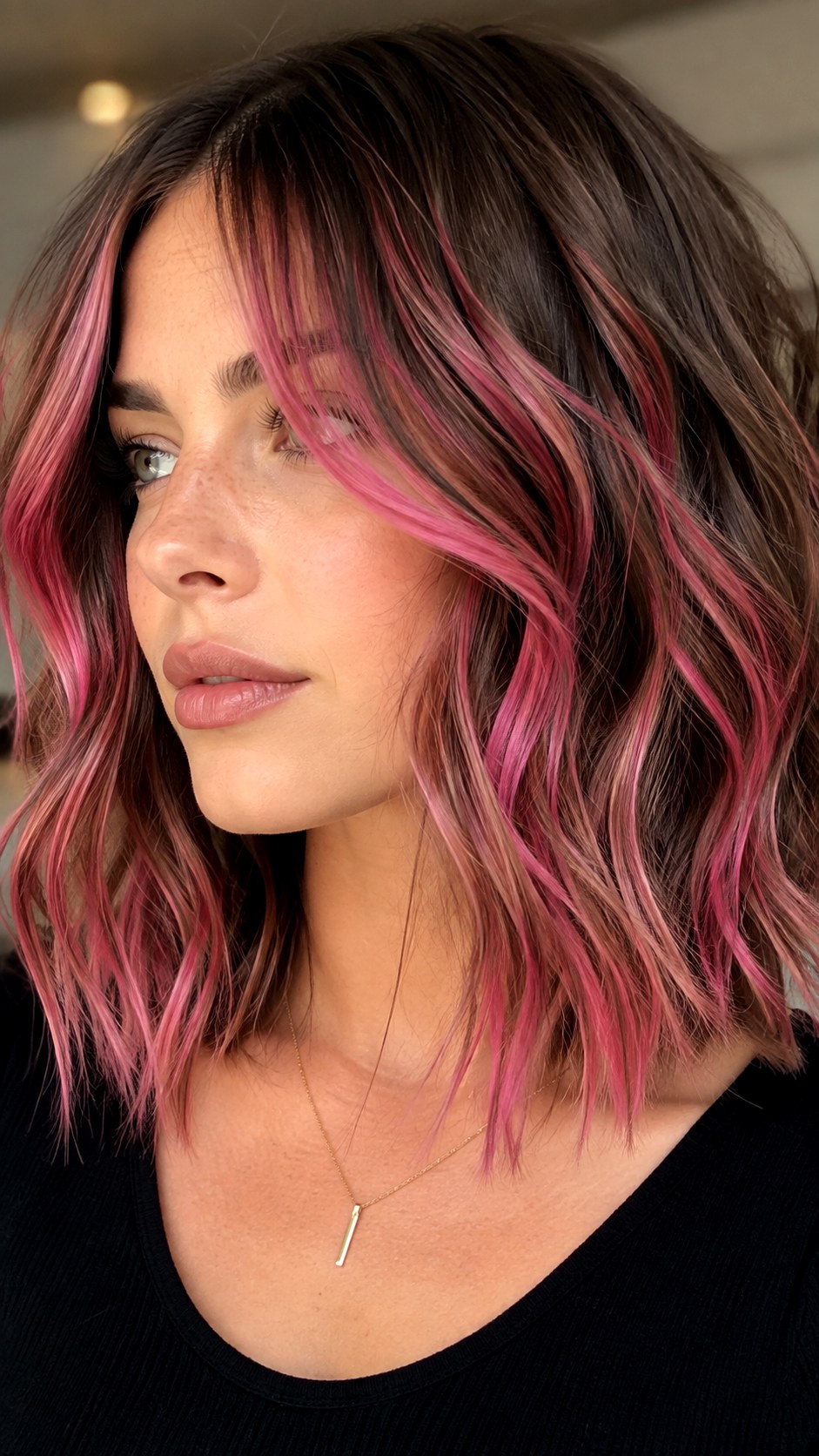 Hot Pink Highlights on Wavy Lob - 25 hot pink hair color highlights ideas