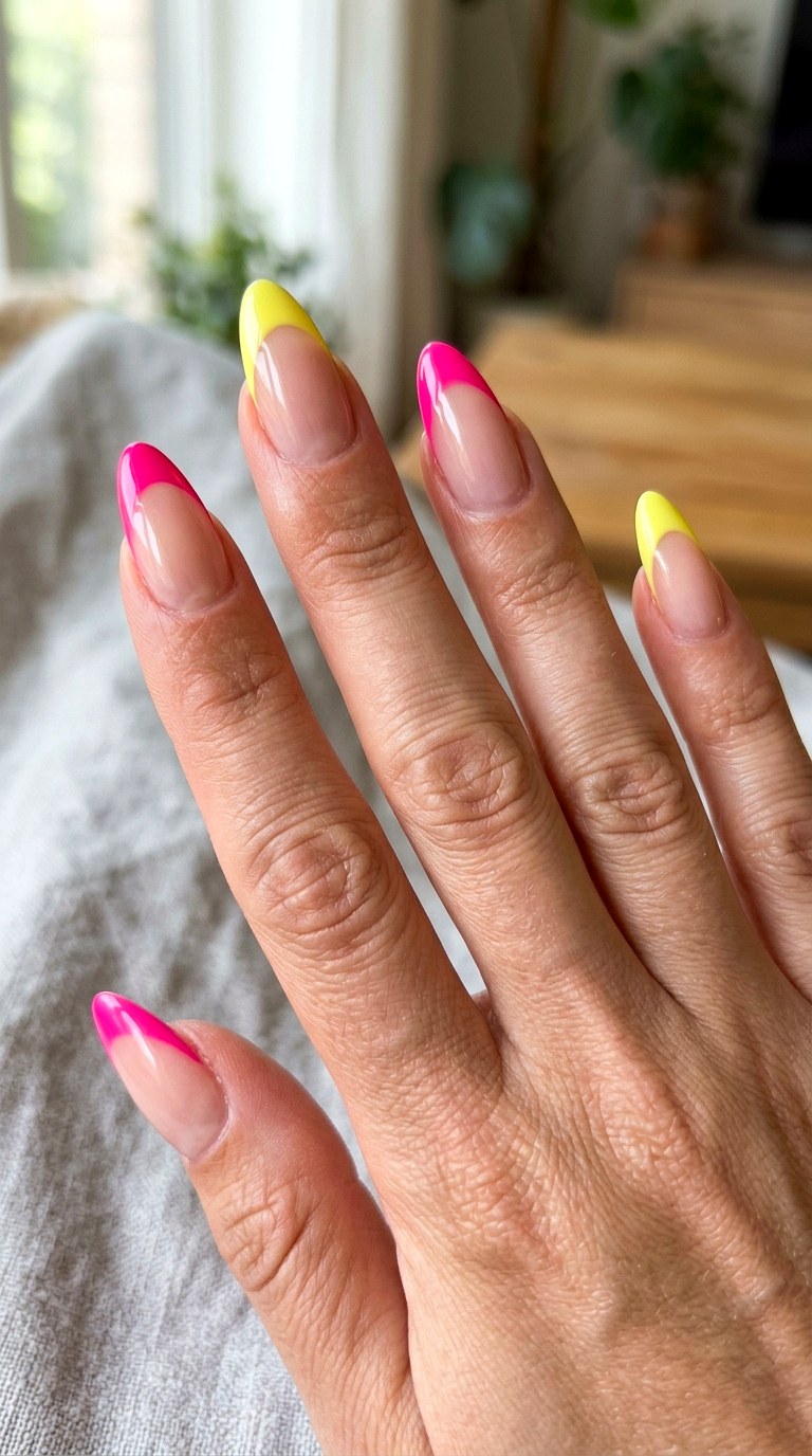 Hot Pink Lemon French Tips Nails - 23 yellow pink Summer nail ideas
