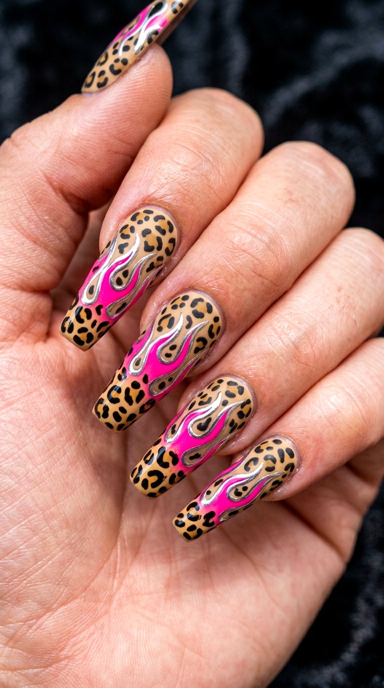 Hot Pink Leopard Flames - 20 Mcbling Gothic leopard Y2K nail ideas