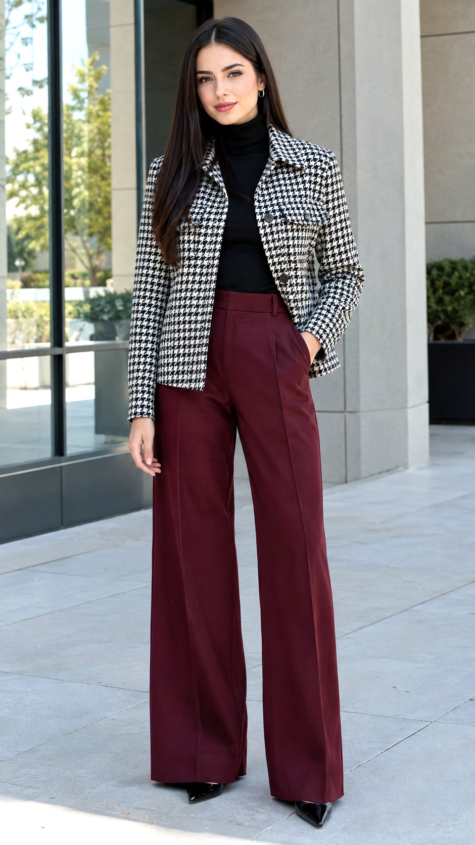 Houndstooth Shacket Tailored Trousers - 21 shacket jacket outfit ideas