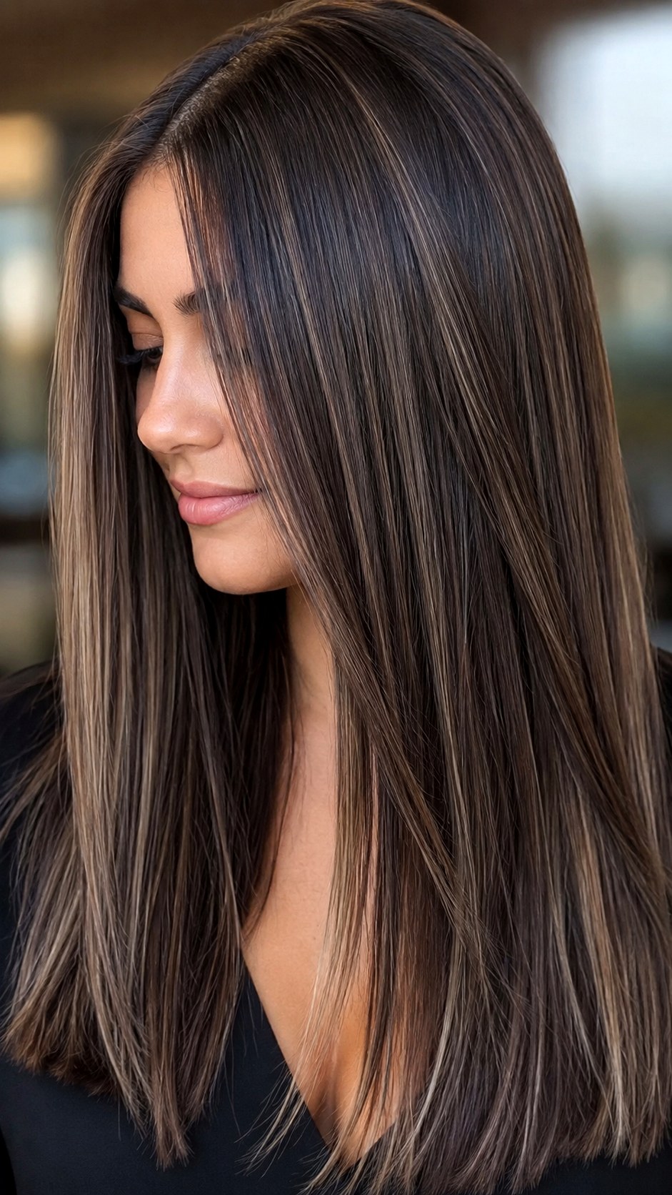 Iced Espresso Cool Toned Ribbons - 20 brunette hair color highlights ideas