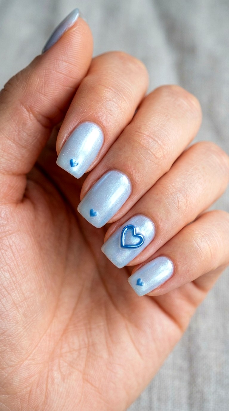 Icy Blue Pearl Hearts - 21 soft blue hearts nail art inspiration ideas