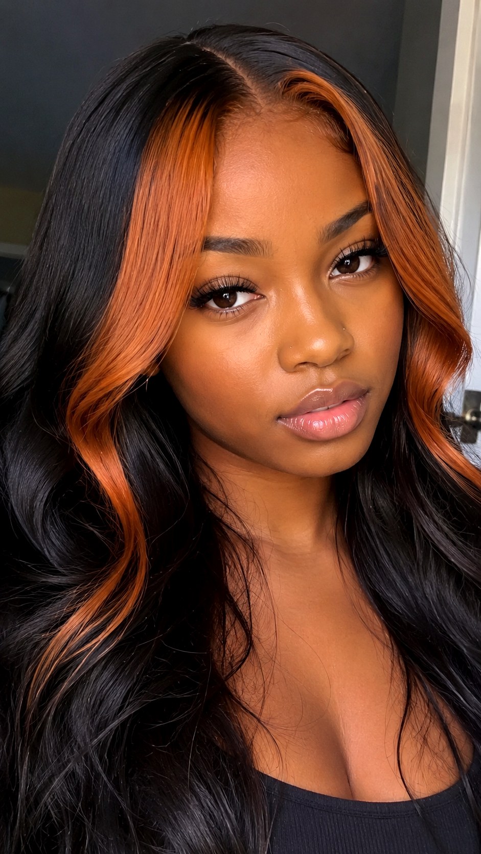 Inky Black with Copper Money Piece - 21 black hair color ideas