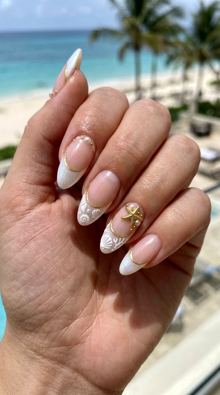 Iridescent Pearl Seashell French - 23 Iridescent Pearl and gold starfish shell nail shimmer design ideas