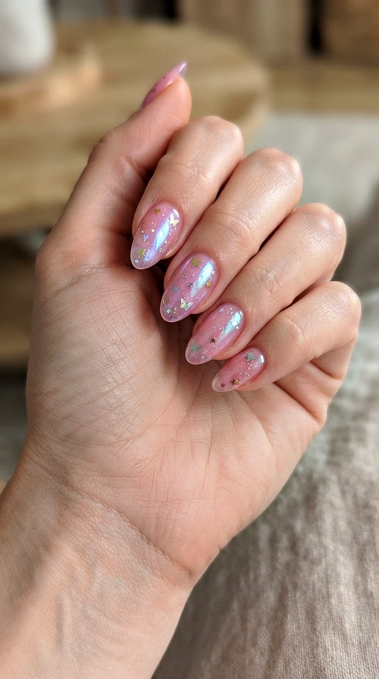 Iridescent Pink Jelly Almonds - 22 retro Y2K almond nail ideas