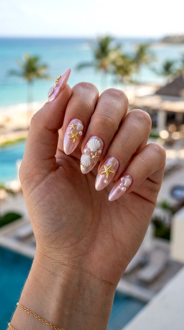Iridescent Pink Shell Treasure Nails - 23 Iridescent Pearl and gold starfish shell nail shimmer design ideas