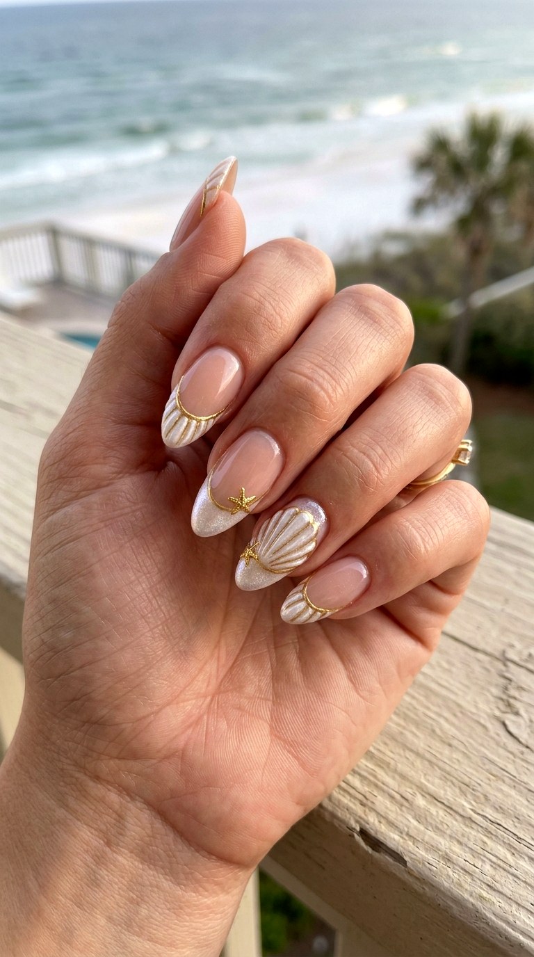 Iridescent Seashell Gold Tips - 23 Iridescent Pearl and gold starfish shell nail shimmer design ideas