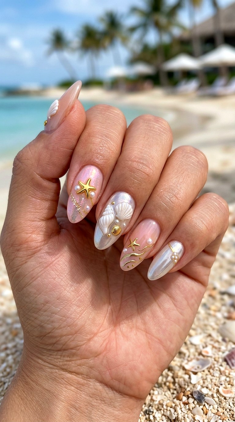 Iridescent Shell Starfish Mix and Match - 23 Iridescent Pearl and gold starfish shell nail shimmer design ideas