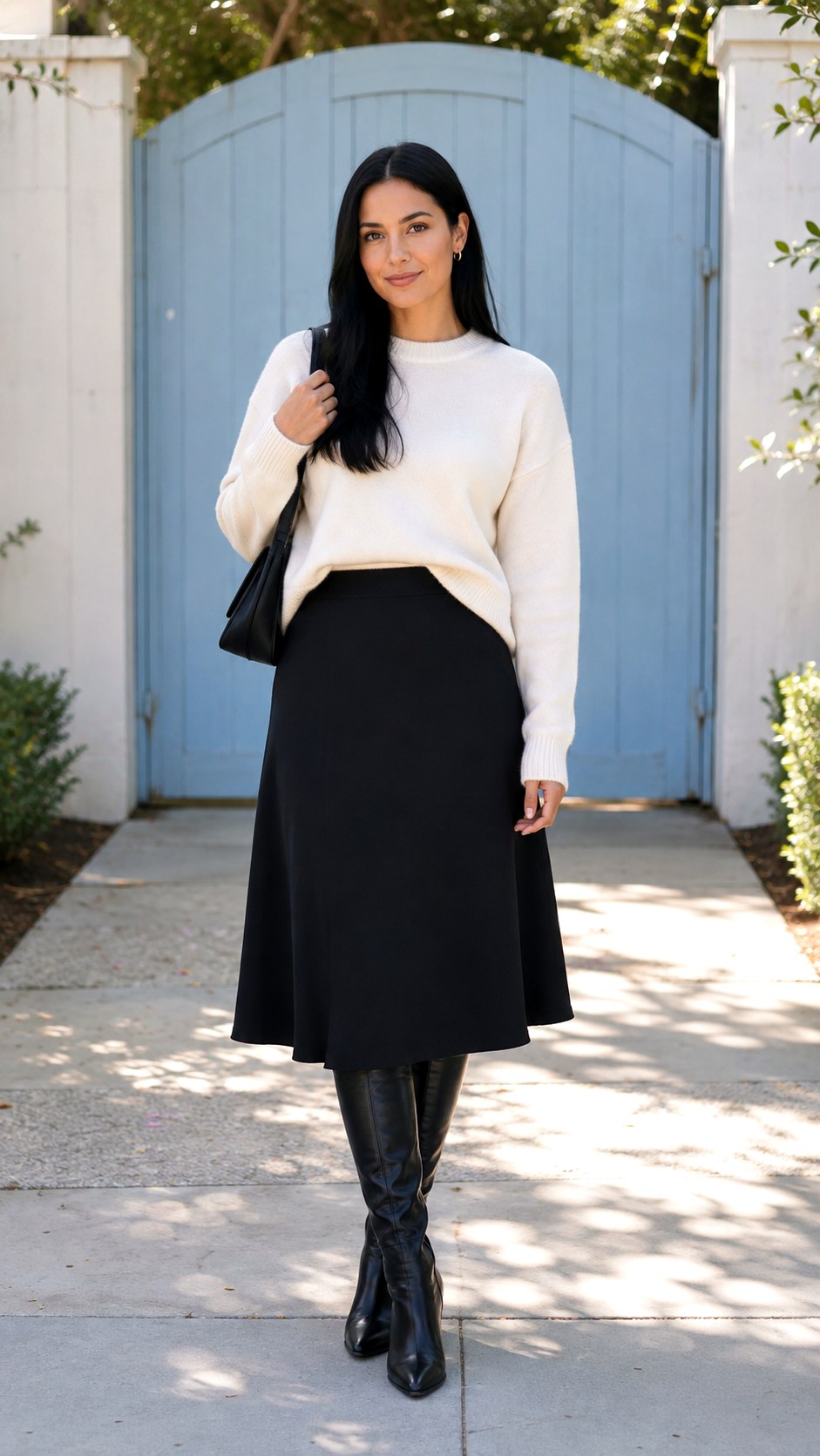 Ivory Sweater With Black Midi Skirt - 20 fall capsule wardrobe ideas
