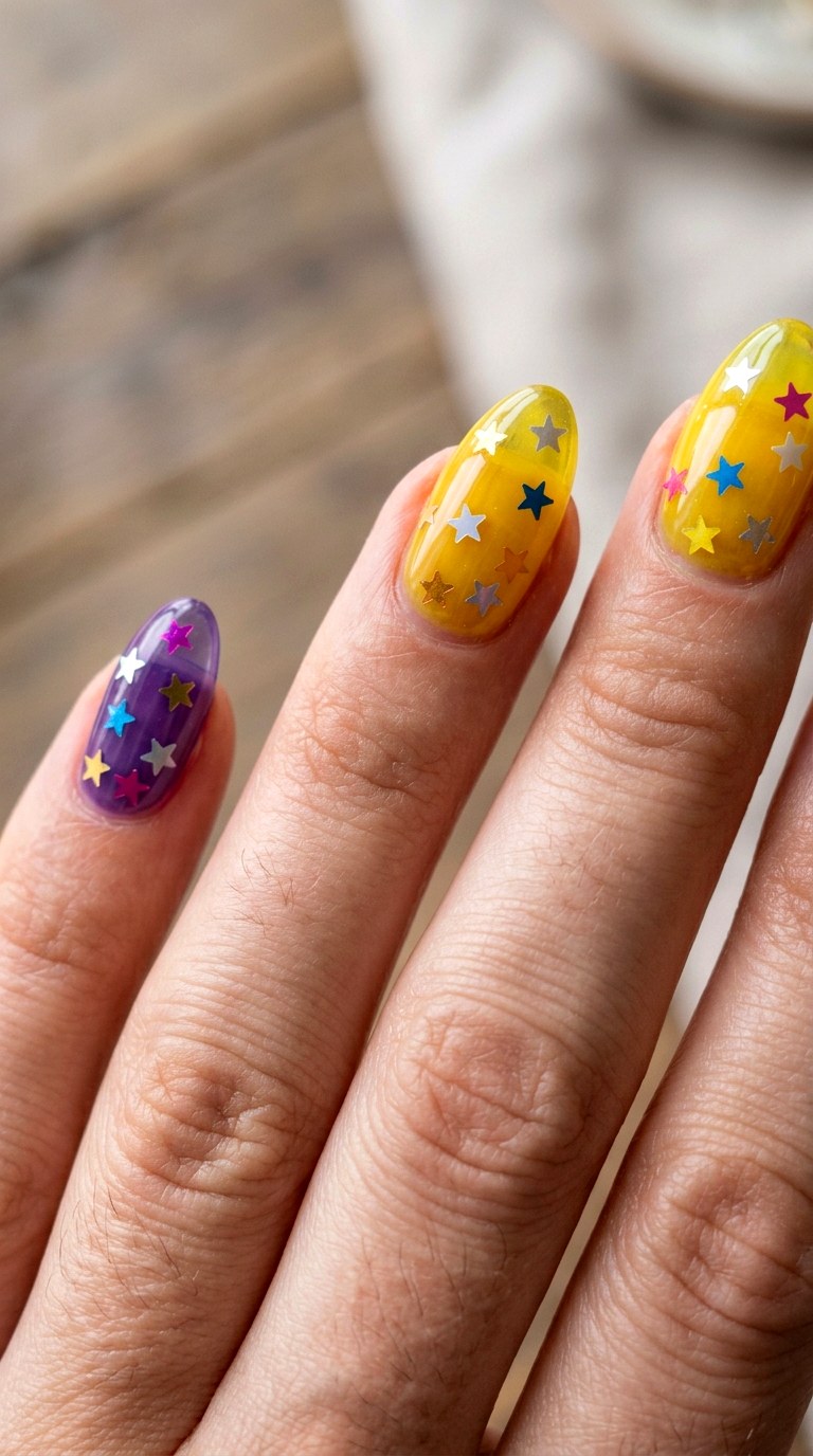 Jelly Rainbow Star Nails - 22 colorful mix and match star nail ideas