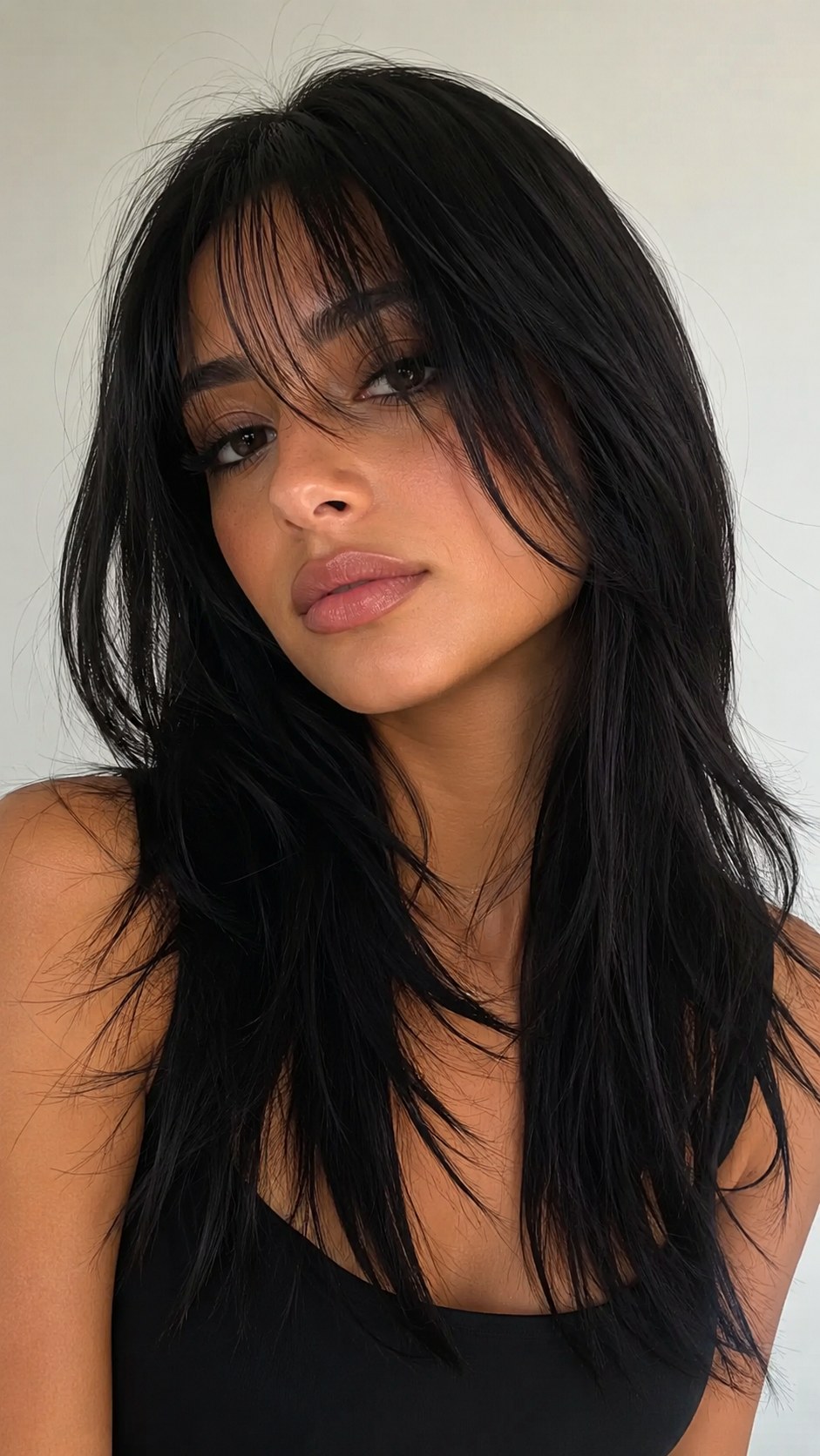 Jet Black Wispy Layered Ends - 25 Long Layers with Curtain Bangs Ideas