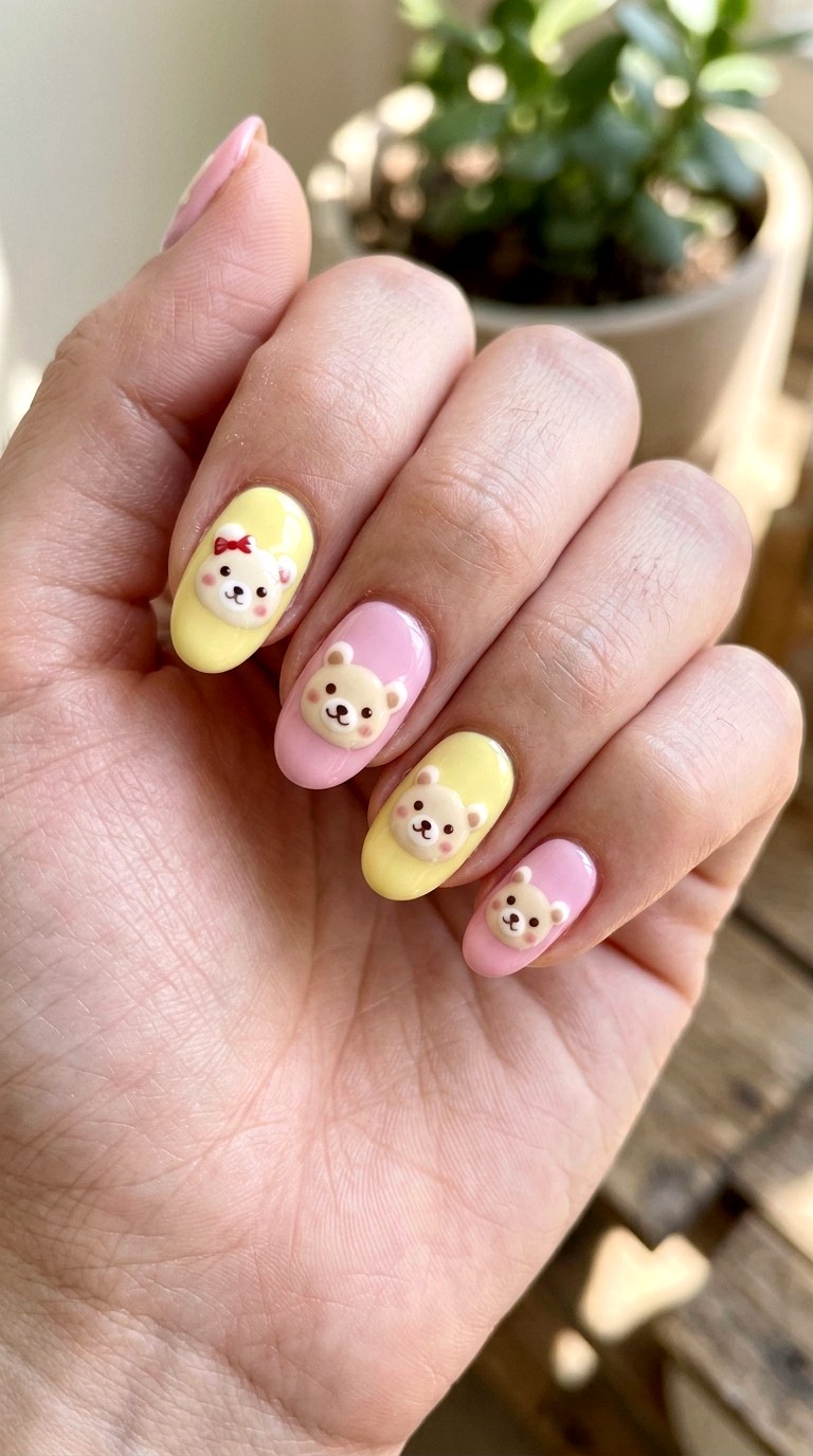 Kawaii Bear Pink Yellow Nails - 23 yellow pink kawaii nail design ideas