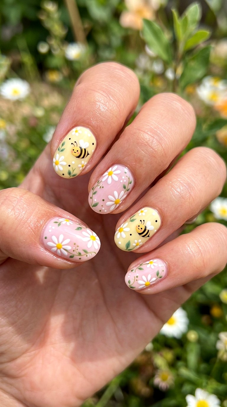 Kawaii Bee And Flower Nails - 23 yellow pink kawaii nail design ideas