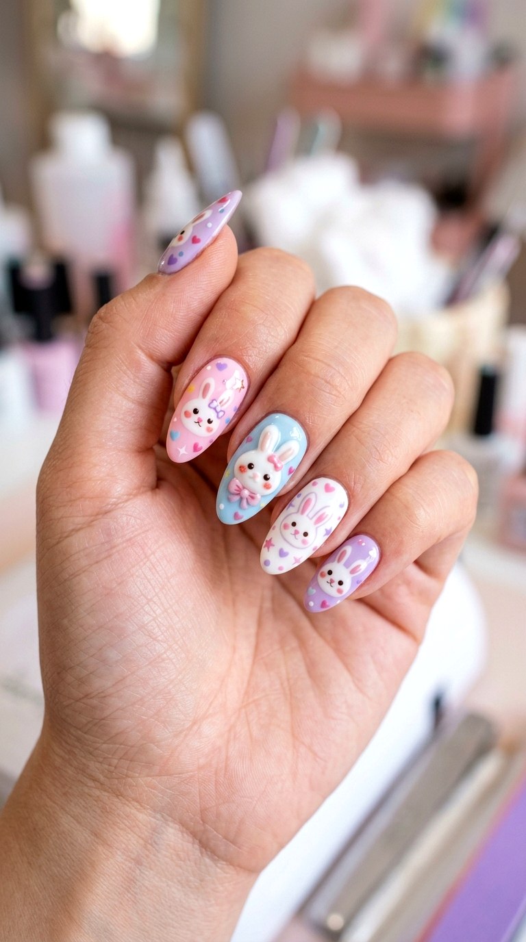 Kawaii Bunny And Heart Nails - 20 Kawaii nail design ideas