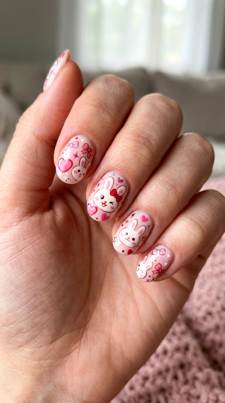 Kawaii Bunny Heart Nails - 25 sweet heart bunny nails idea