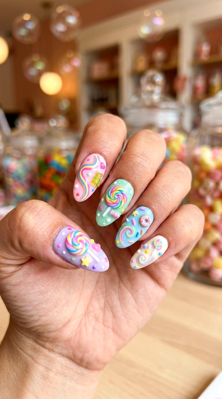 Kawaii Candy Swirl Nails - 20 Kawaii nail design ideas
