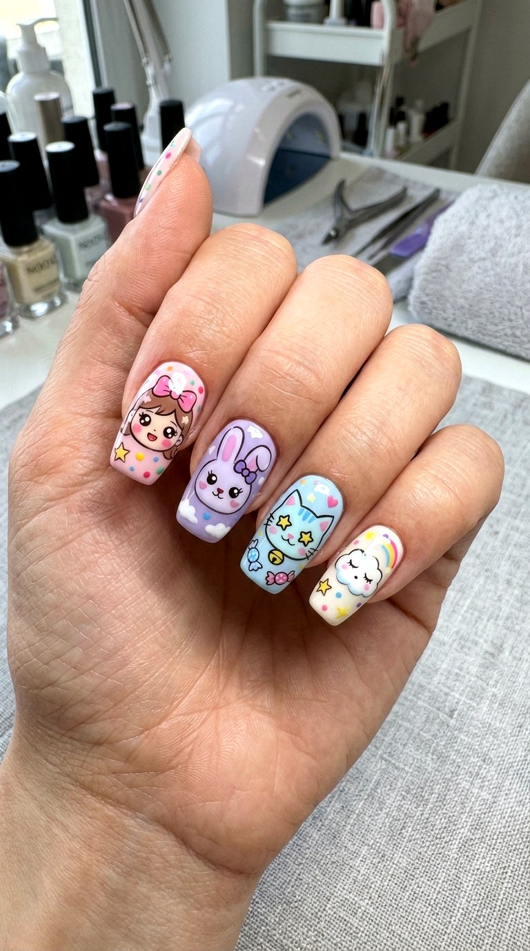 Kawaii Character Accent Nails - 20 Kawaii nail design ideas