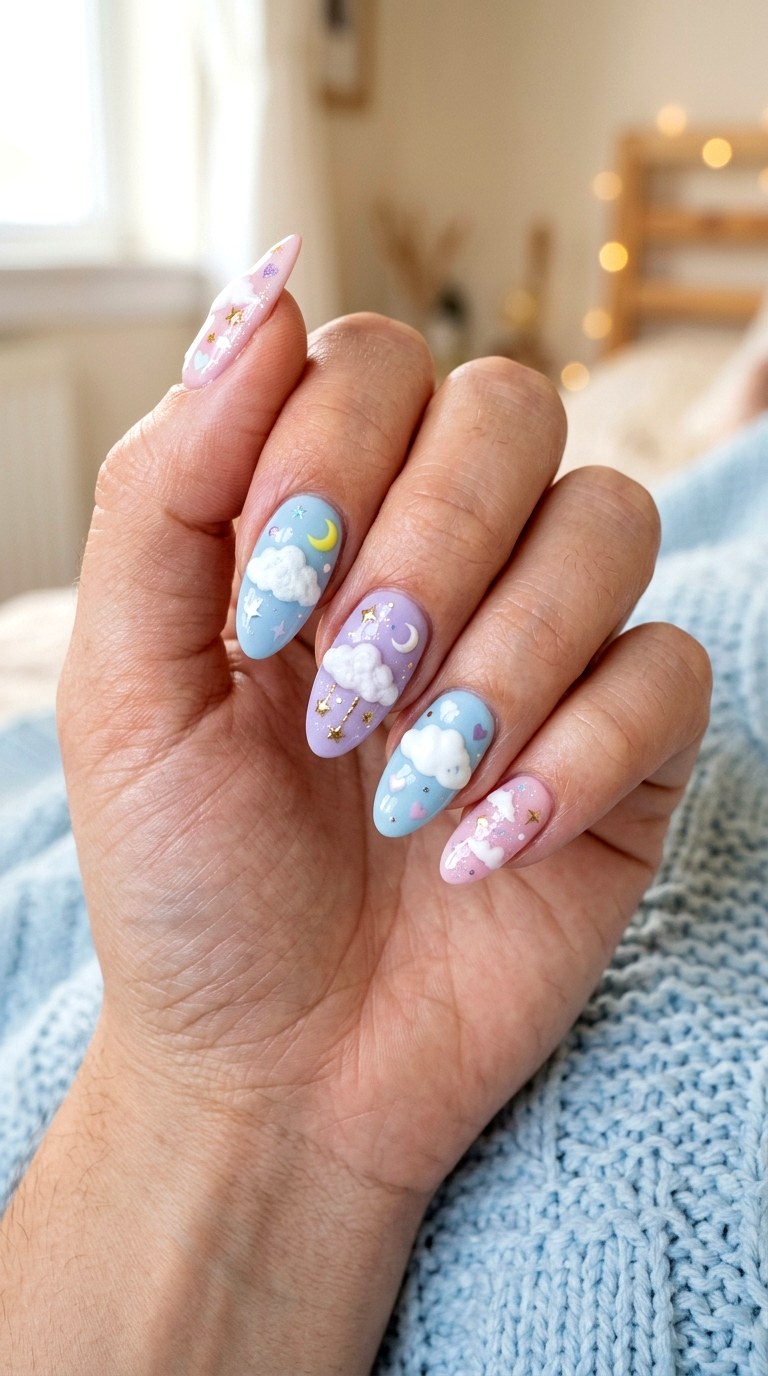 Kawaii Cloud And Star Nails - 20 Kawaii nail design ideas