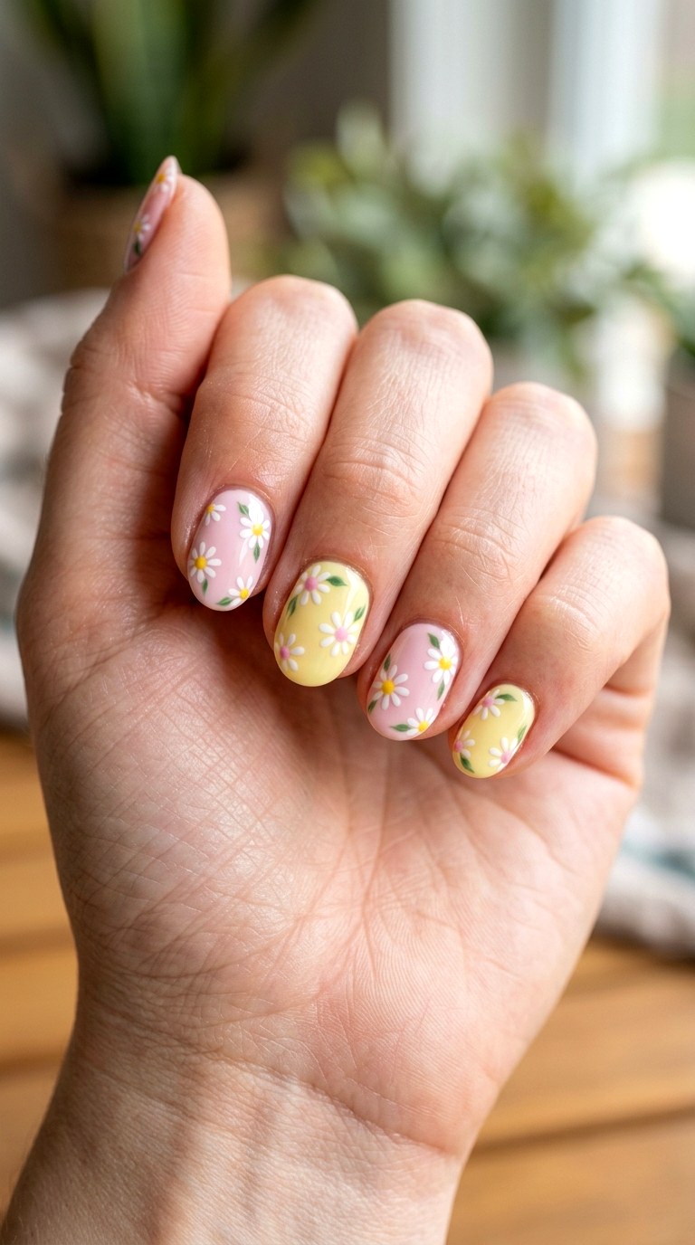 Kawaii Daisy Flower Nail Art - 23 yellow pink kawaii nail design ideas