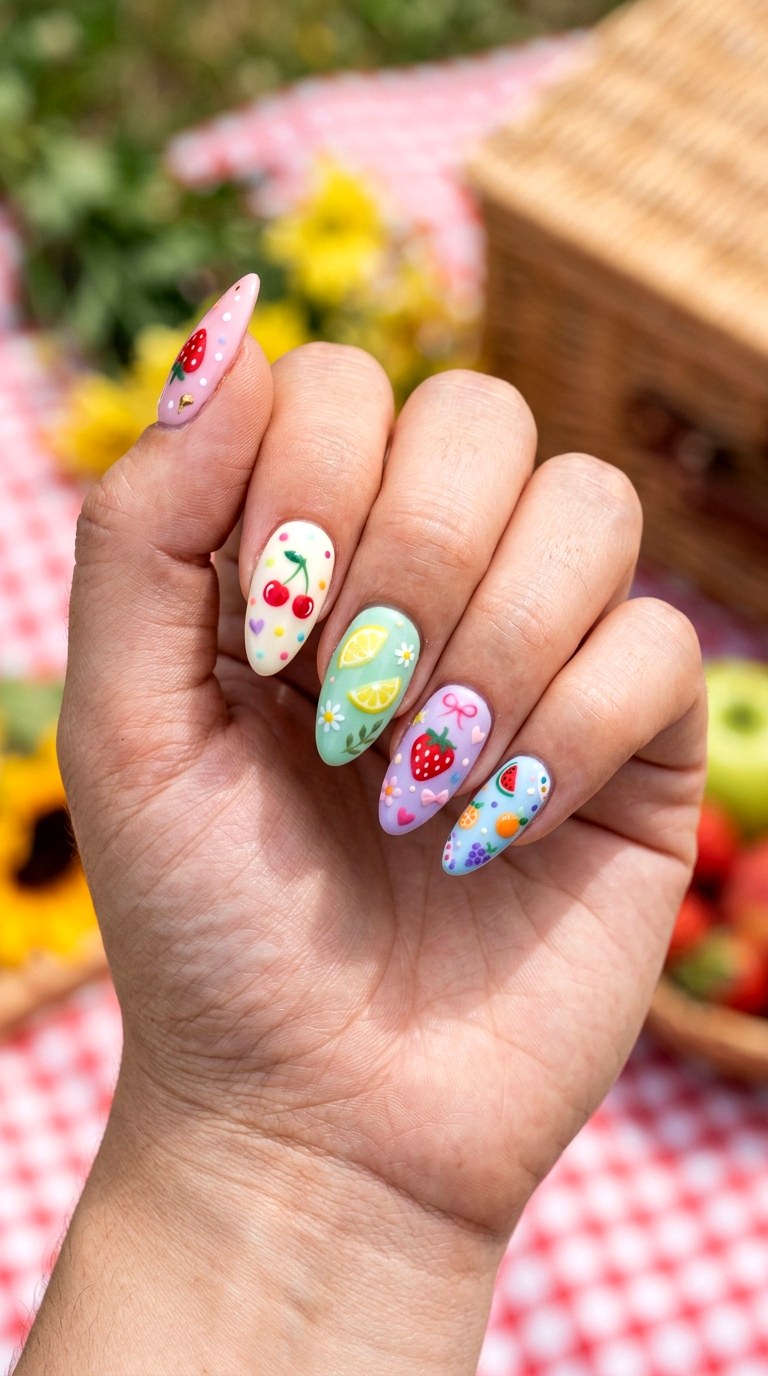 Kawaii Fruit Picnic Nails - 20 Kawaii nail design ideas