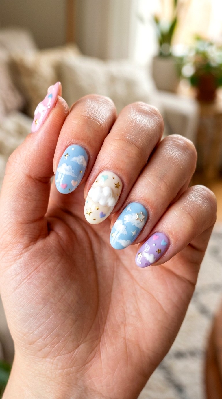 Kawaii Pastel Cloud Nails - 20 Handmade pastel kawaii nail design ideas