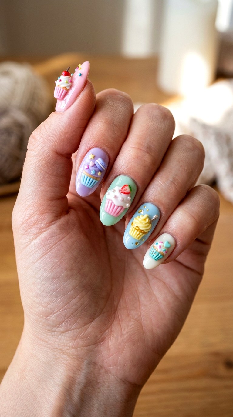 Kawaii Pastel Cupcake Nails - 20 Handmade pastel kawaii nail design ideas