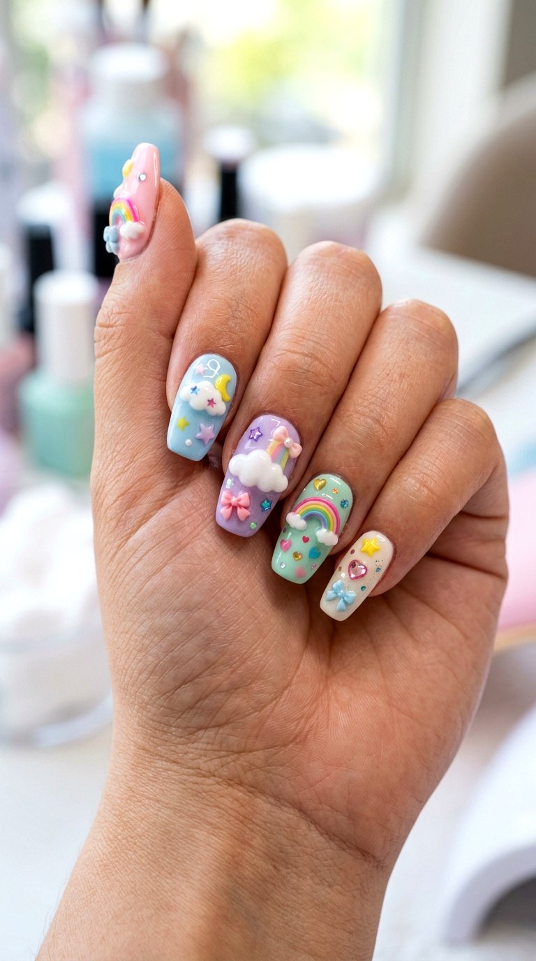 Kawaii Pastel Rainbow Charms - 20 Kawaii nail design ideas