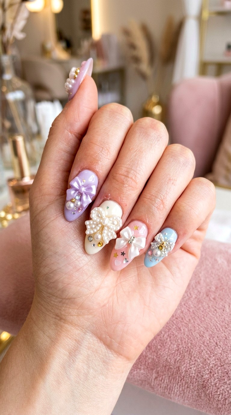 Kawaii Pearl And Bow Nails - 20 Kawaii nail design ideas