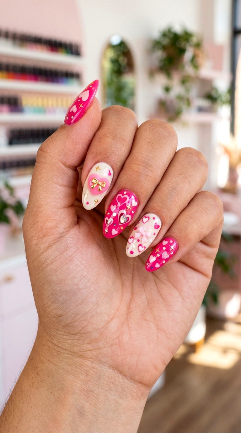 Kawaii Pink Heart Nails - 20 Kawaii nail design ideas