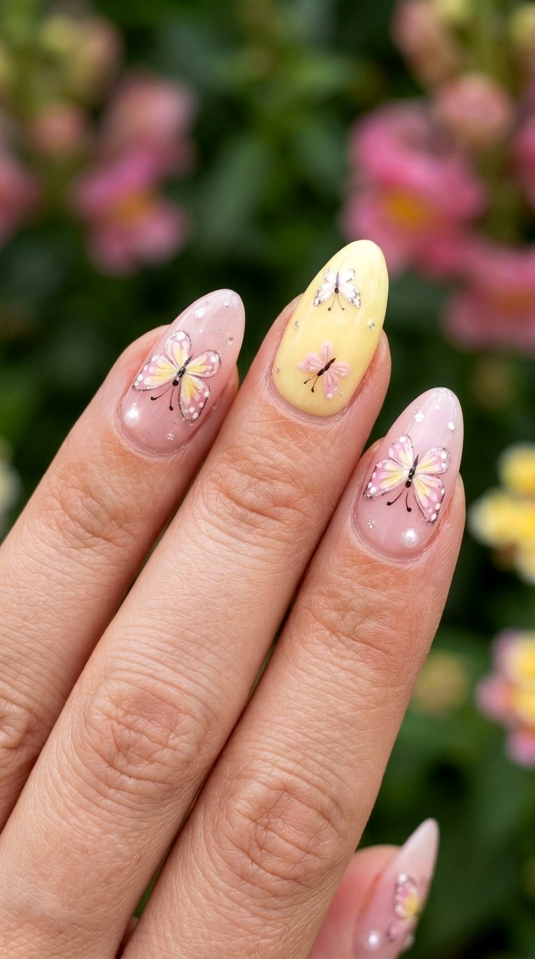 Kawaii Pink Yellow Butterfly Nails - 23 yellow pink kawaii nail design ideas