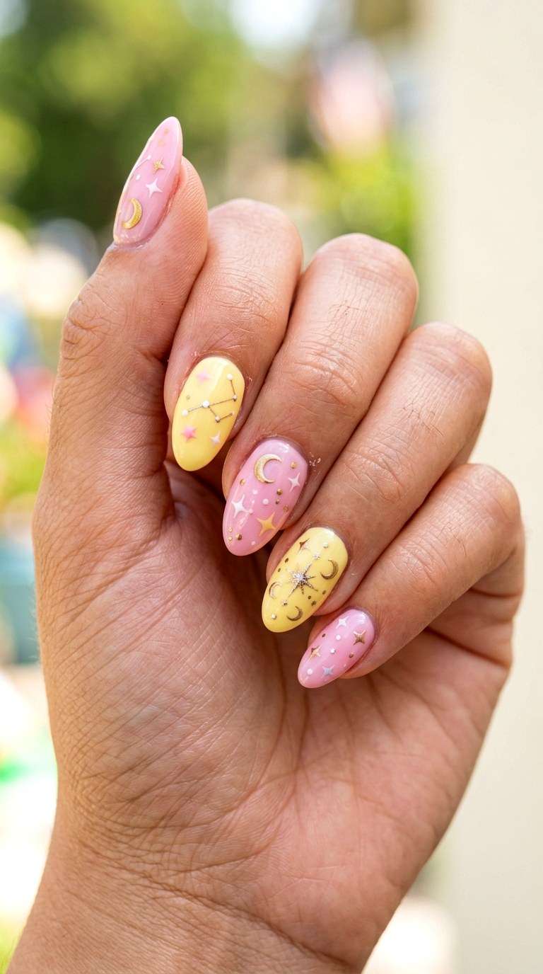 Kawaii Pink Yellow Star Nails - 23 yellow pink kawaii nail design ideas