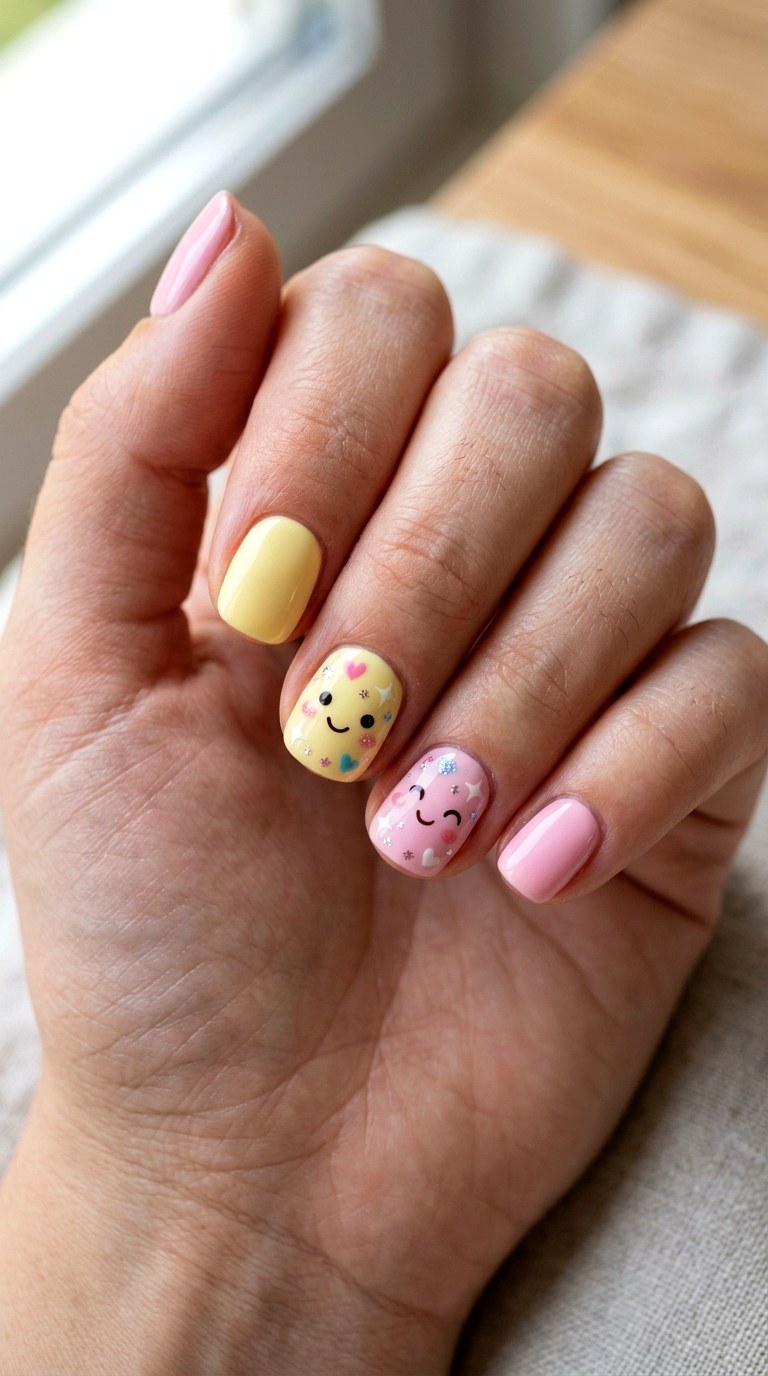Kawaii Smiley Face Nails - 23 yellow pink kawaii nail design ideas