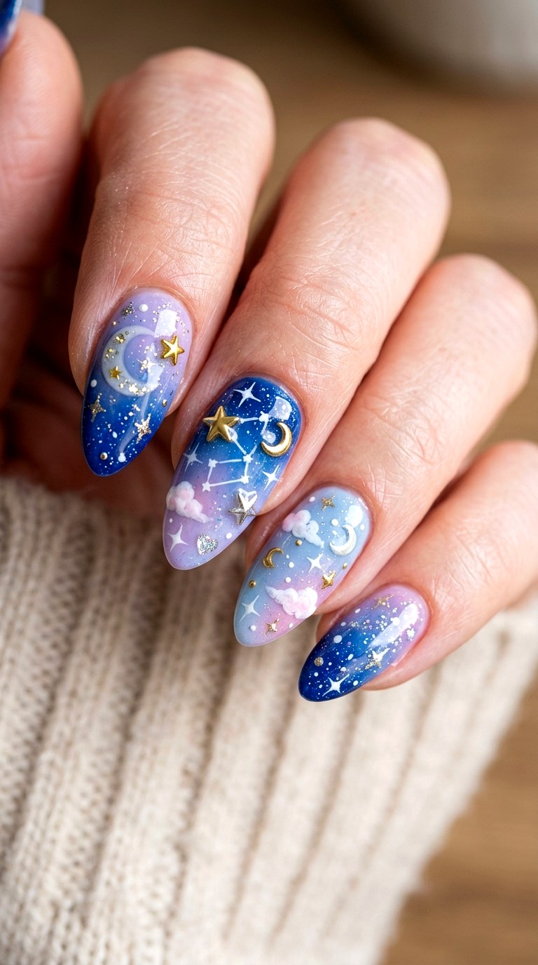Kawaii Starry Night Nails - 20 Kawaii nail design ideas