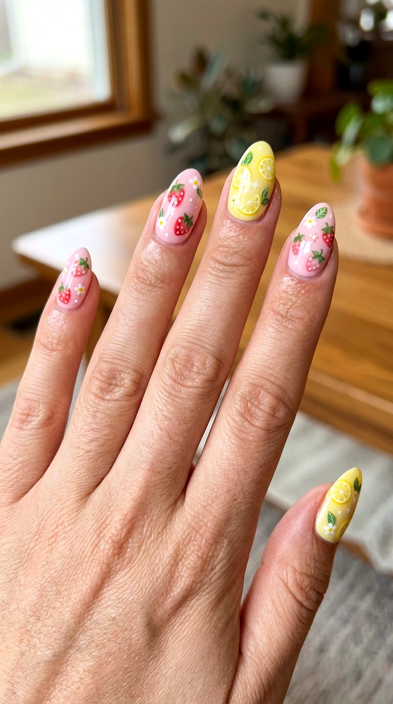 Kawaii Strawberry Lemon Nails - 23 yellow pink kawaii nail design ideas